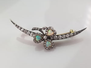 OPAL AND OLD CUT DIAMOND CRESCENT BROOCH