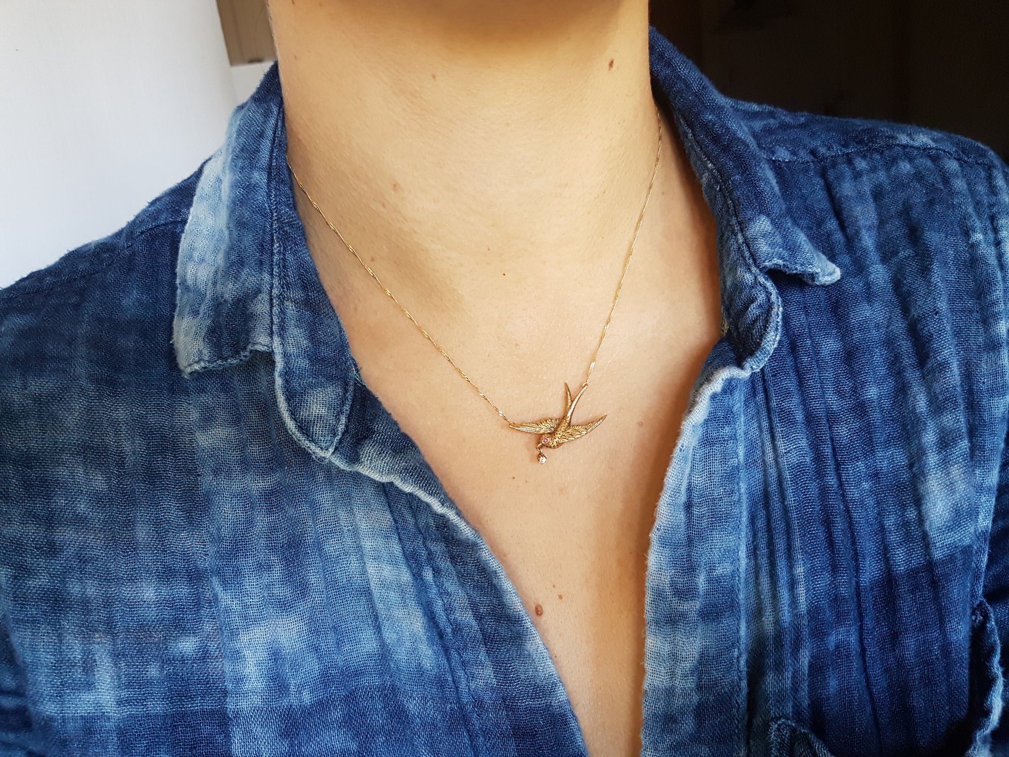 VINTAGE SWALLOW BIRD NECKLACE WITH DIAMOND AND RUBY ACCENTS - SinCityFinds Jewelry