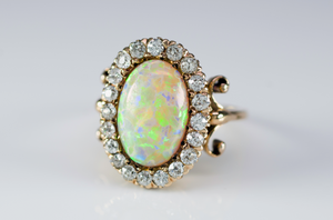 OPAL AND OLD CUT DIAMOND HALO RING - SinCityFinds Jewelry