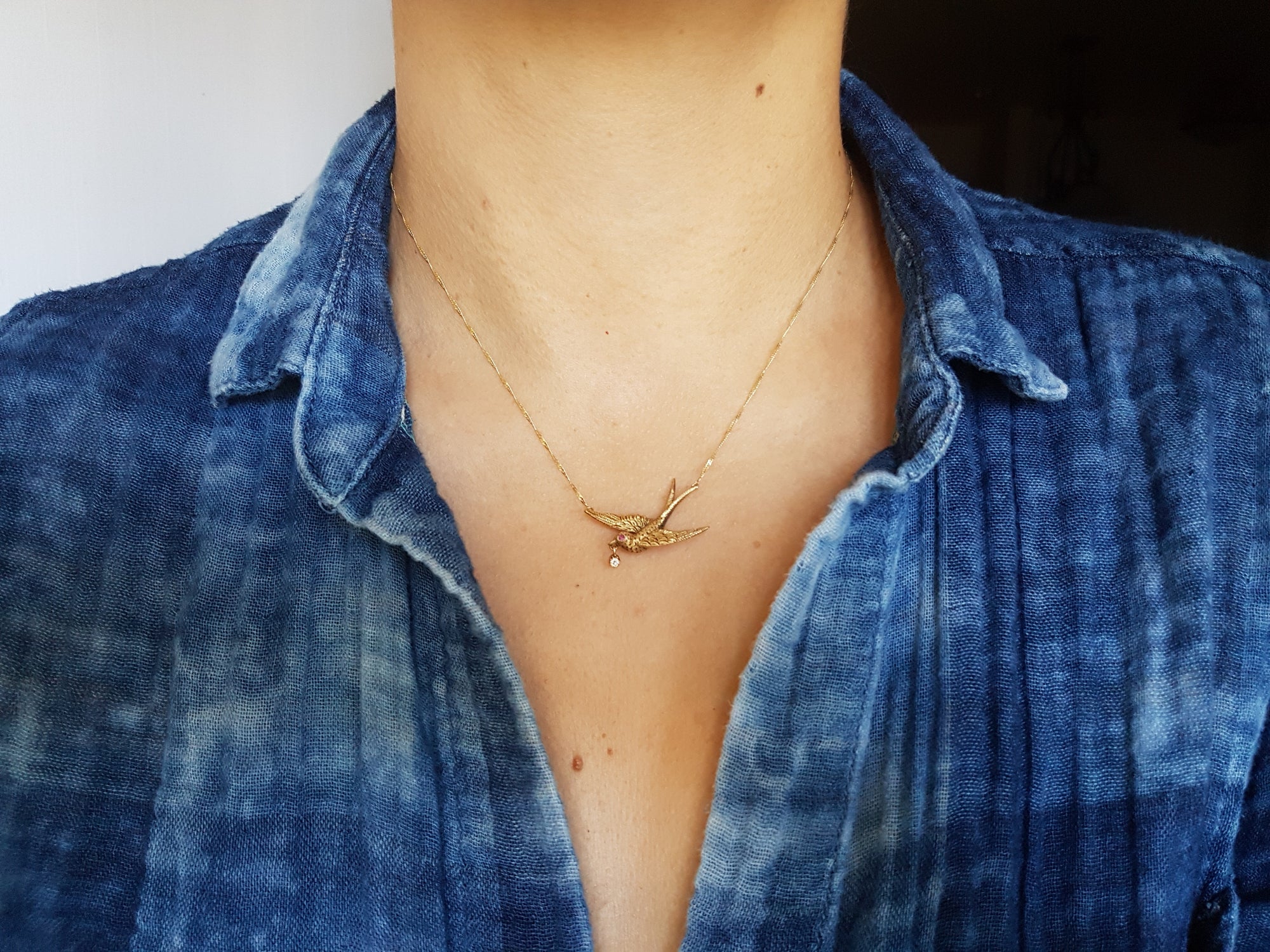 VINTAGE SWALLOW BIRD NECKLACE WITH DIAMOND AND RUBY ACCENTS - SinCityFinds Jewelry