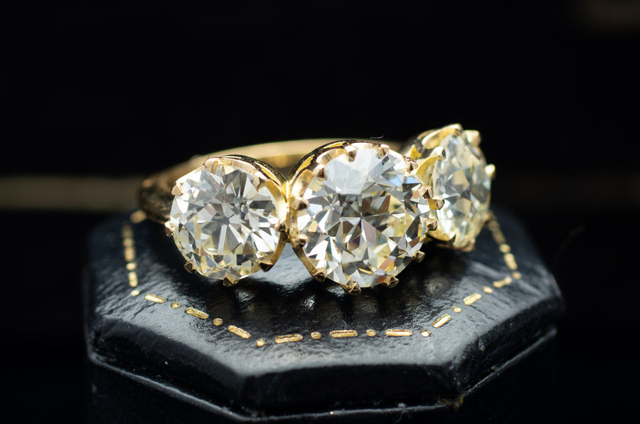 4.95CTW THREE STONE OLD EUROPEAN CUT DIAMOND RING - SinCityFinds Jewelry