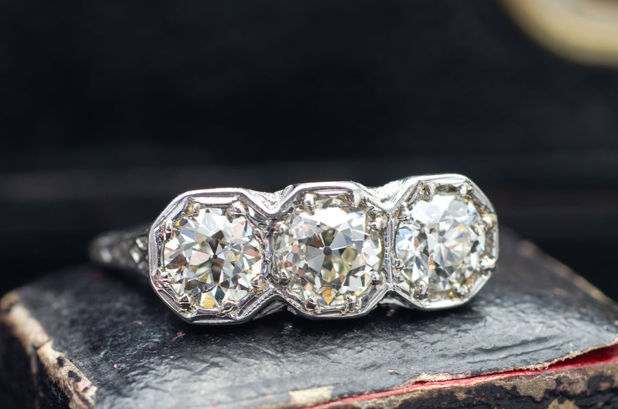 1.65CTW THREE STONE ART DECO RING - SinCityFinds Jewelry