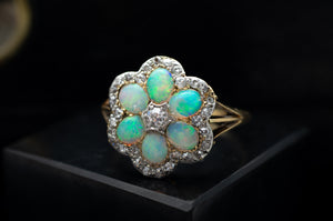 ANTIQUE OPAL AND OLD CUT DIAMOND CLUSTER RING - SinCityFinds Jewelry