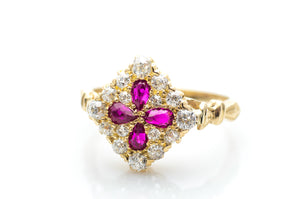 EDWARDIAN QUATREFOIL RUBY AND OLD EUROPEAN CUT DIAMOND RING - SinCityFinds Jewelry