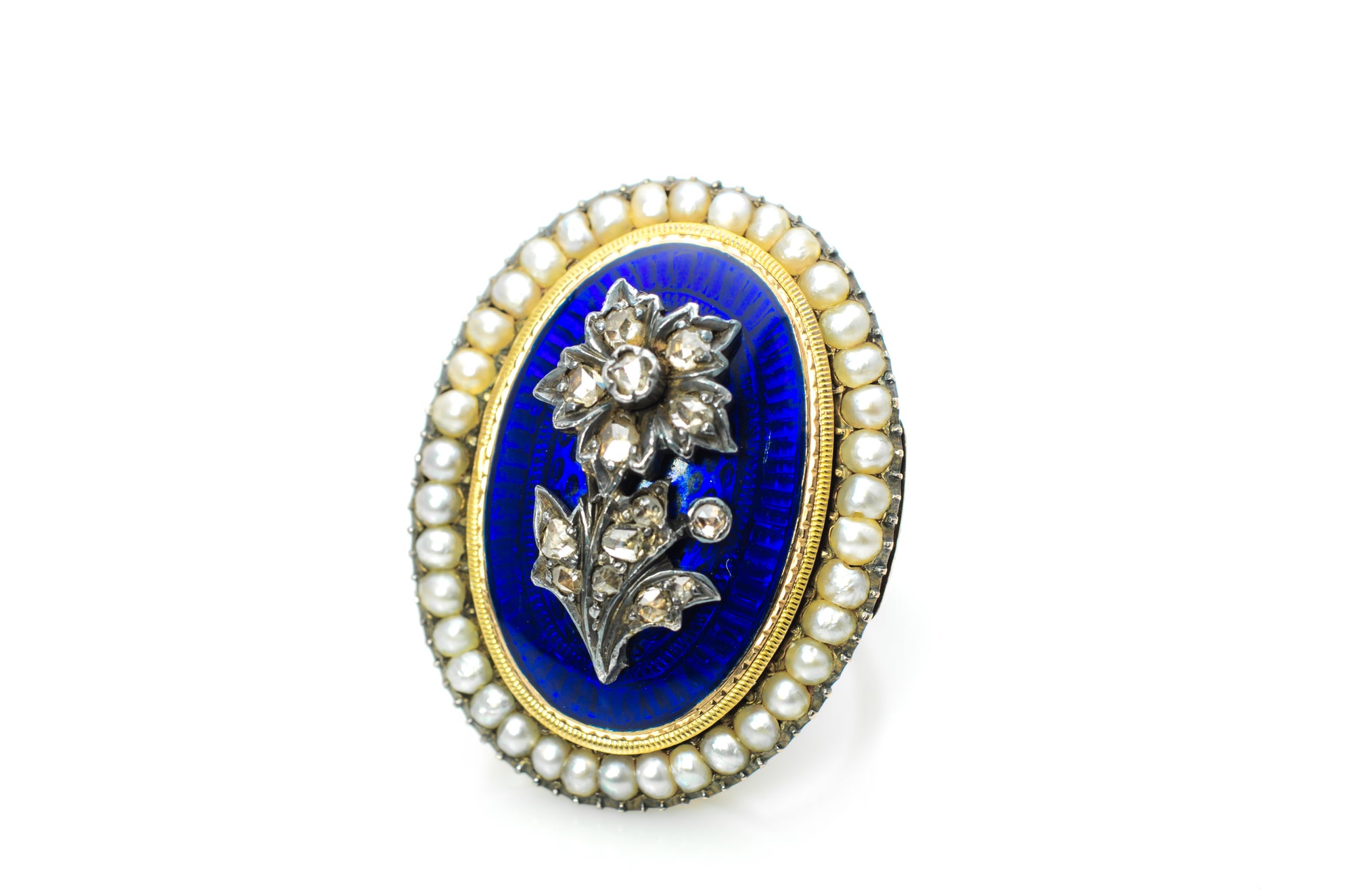ANTIQUE BLUE ENAMEL PEARL AND ROSE CUT DIAMOND RING - SinCityFinds Jewelry