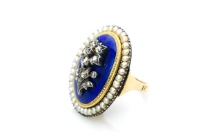 ANTIQUE BLUE ENAMEL PEARL AND ROSE CUT DIAMOND RING - SinCityFinds Jewelry