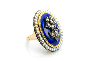 ANTIQUE BLUE ENAMEL PEARL AND ROSE CUT DIAMOND RING - SinCityFinds Jewelry