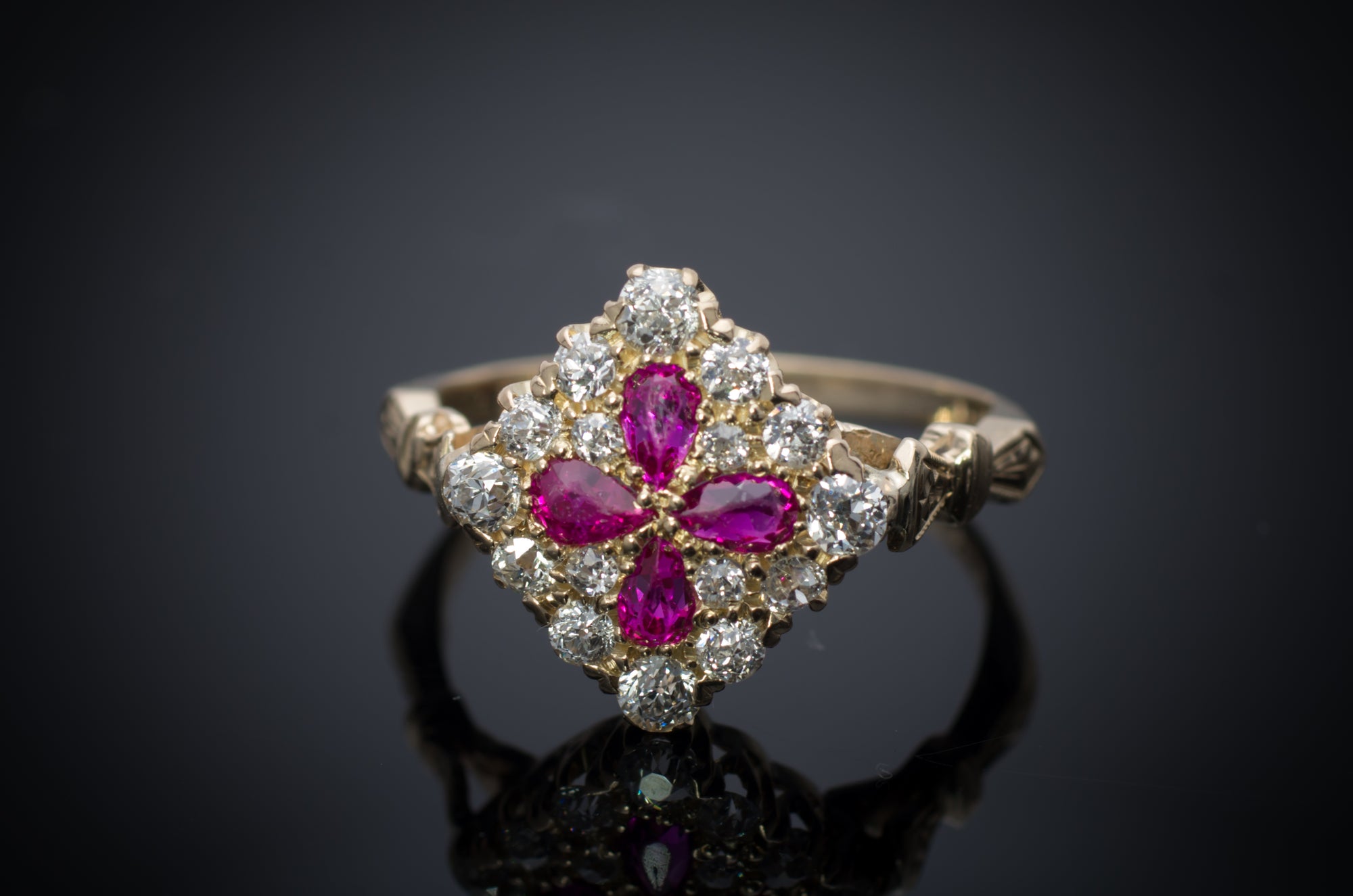 EDWARDIAN QUATREFOIL RUBY AND OLD EUROPEAN CUT DIAMOND RING - SinCityFinds Jewelry
