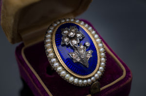 ANTIQUE BLUE ENAMEL PEARL AND ROSE CUT DIAMOND RING - SinCityFinds Jewelry