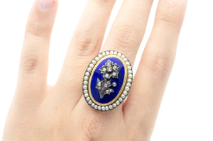 ANTIQUE BLUE ENAMEL PEARL AND ROSE CUT DIAMOND RING - SinCityFinds Jewelry