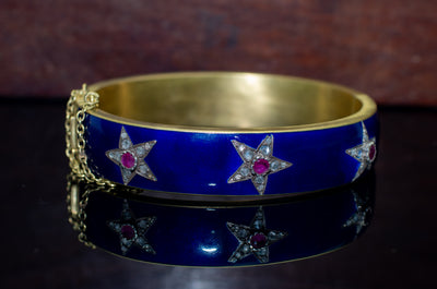 ANTIQUE ENAMELED HEAVY 18K GOLD BANGLE WITH DIAMONDS AND RUBY - SinCityFinds Jewelry