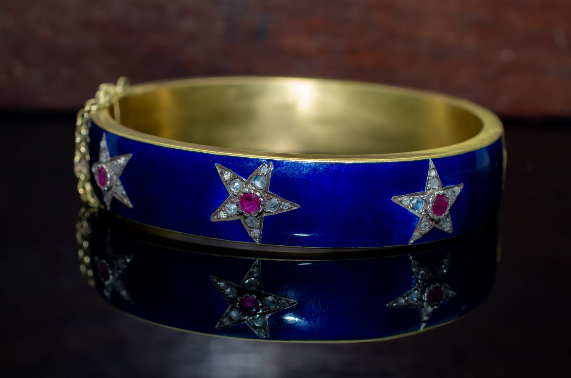 ANTIQUE ENAMELED HEAVY 18K GOLD BANGLE WITH DIAMONDS AND RUBY - SinCityFinds Jewelry