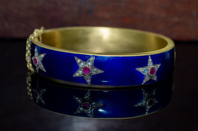 ANTIQUE ENAMELED HEAVY 18K GOLD BANGLE WITH DIAMONDS AND RUBY - SinCityFinds Jewelry