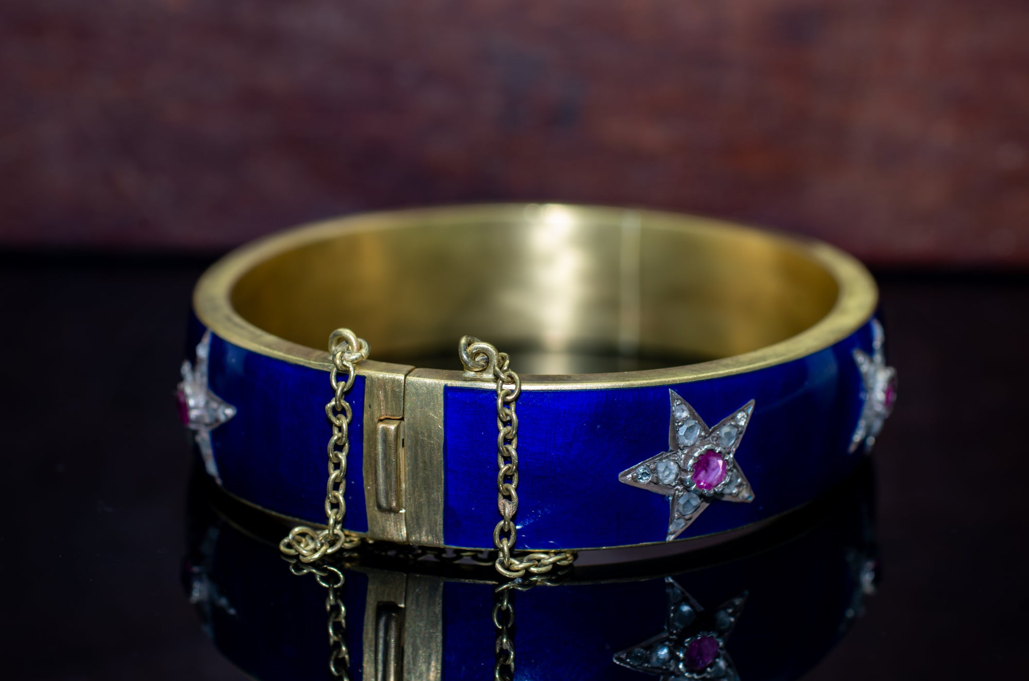 ANTIQUE ENAMELED HEAVY 18K GOLD BANGLE WITH DIAMONDS AND RUBY - SinCityFinds Jewelry