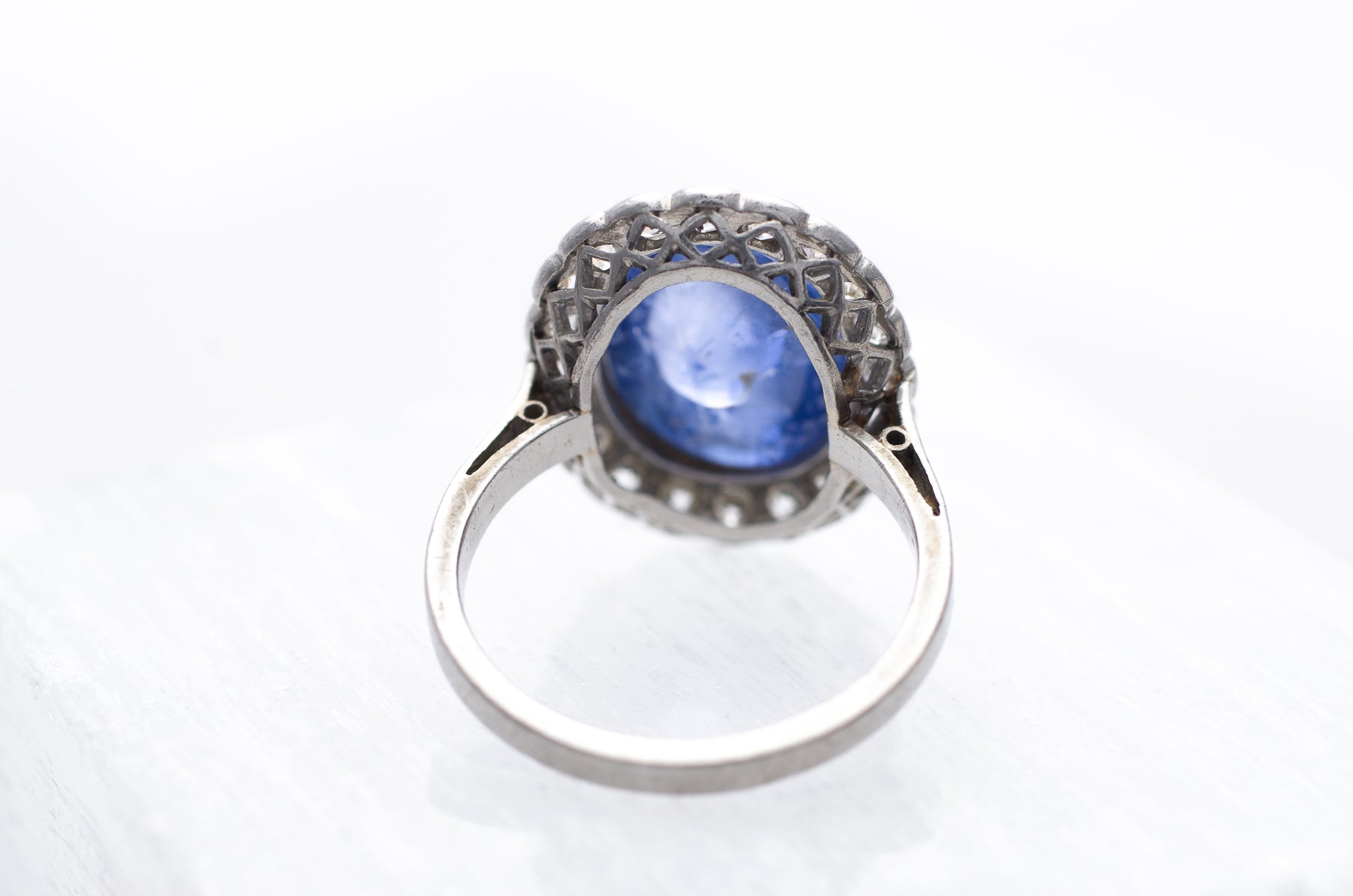 VINTAGE CABOCHON LIGH BLUE LAVENDER SAPPHIRE RING WITH DIAMOND HALO - SinCityFinds Jewelry