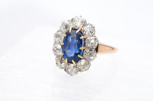 EDWARDIAN CEYLON SAPPHIRE AND MINE CUT DIAMOND RING - SinCityFinds Jewelry