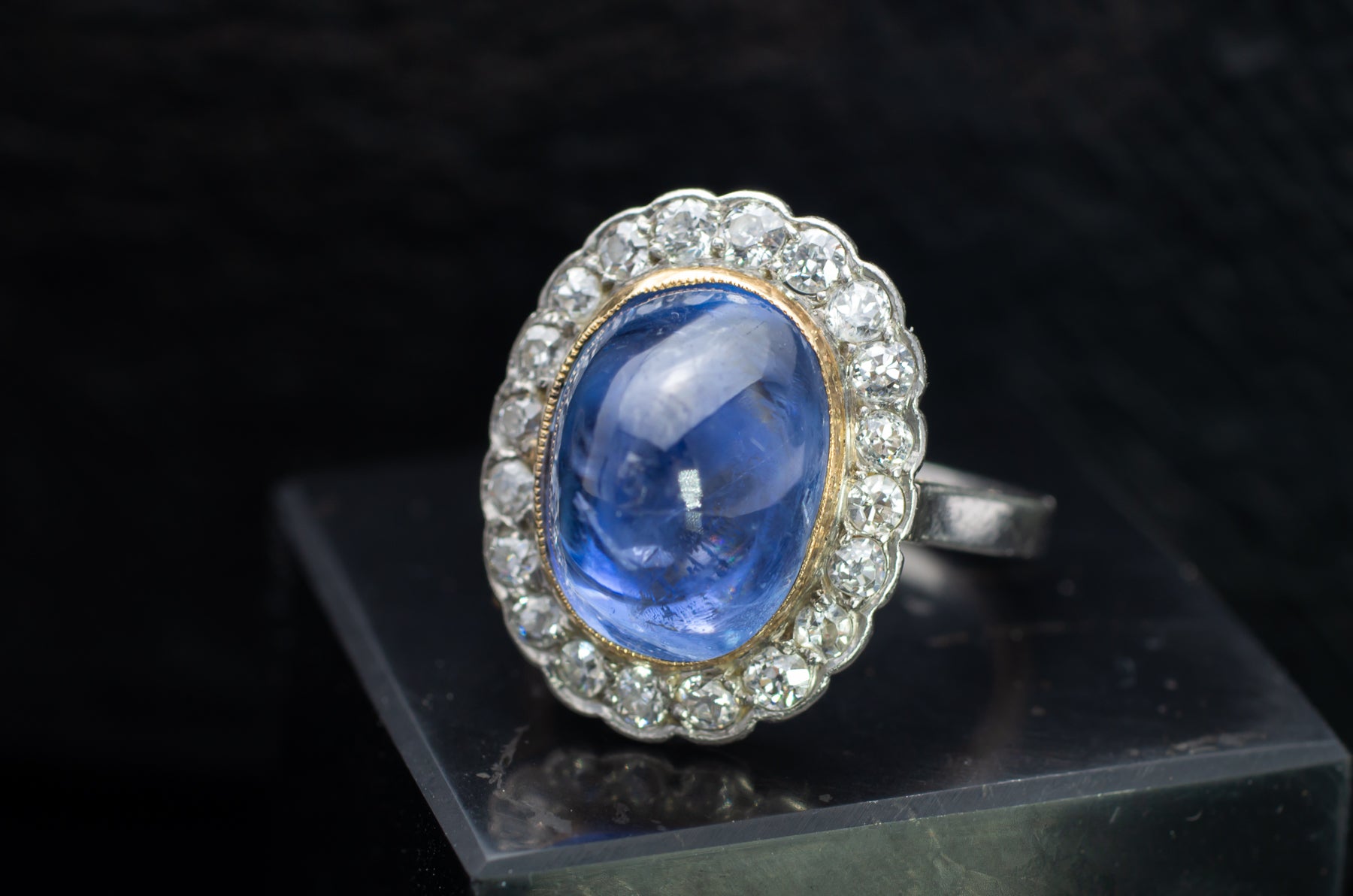 VINTAGE CABOCHON LIGH BLUE LAVENDER SAPPHIRE RING WITH DIAMOND HALO - SinCityFinds Jewelry