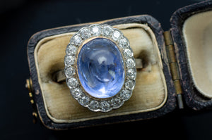 VINTAGE CABOCHON LIGH BLUE LAVENDER SAPPHIRE RING WITH DIAMOND HALO - SinCityFinds Jewelry