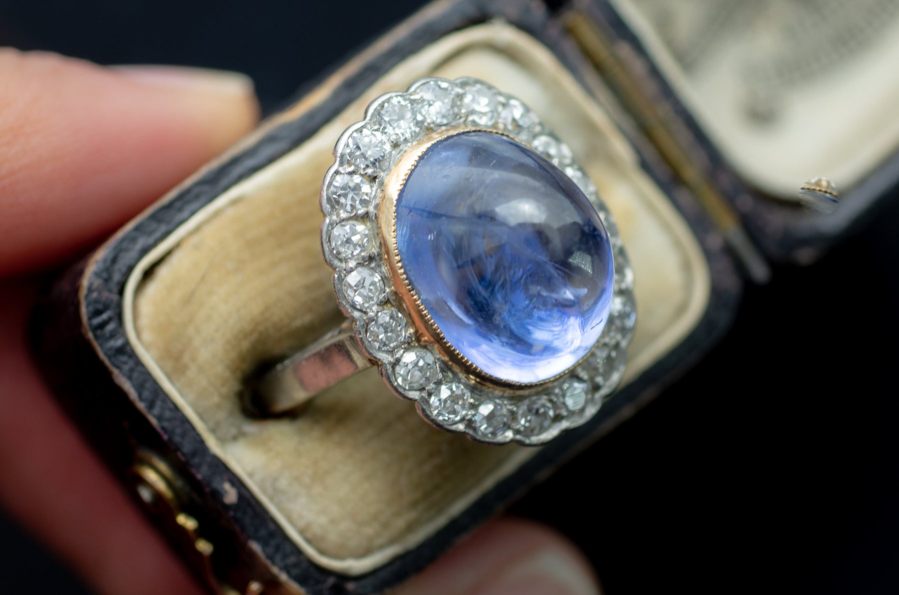 VINTAGE CABOCHON LIGH BLUE LAVENDER SAPPHIRE RING WITH DIAMOND HALO - SinCityFinds Jewelry
