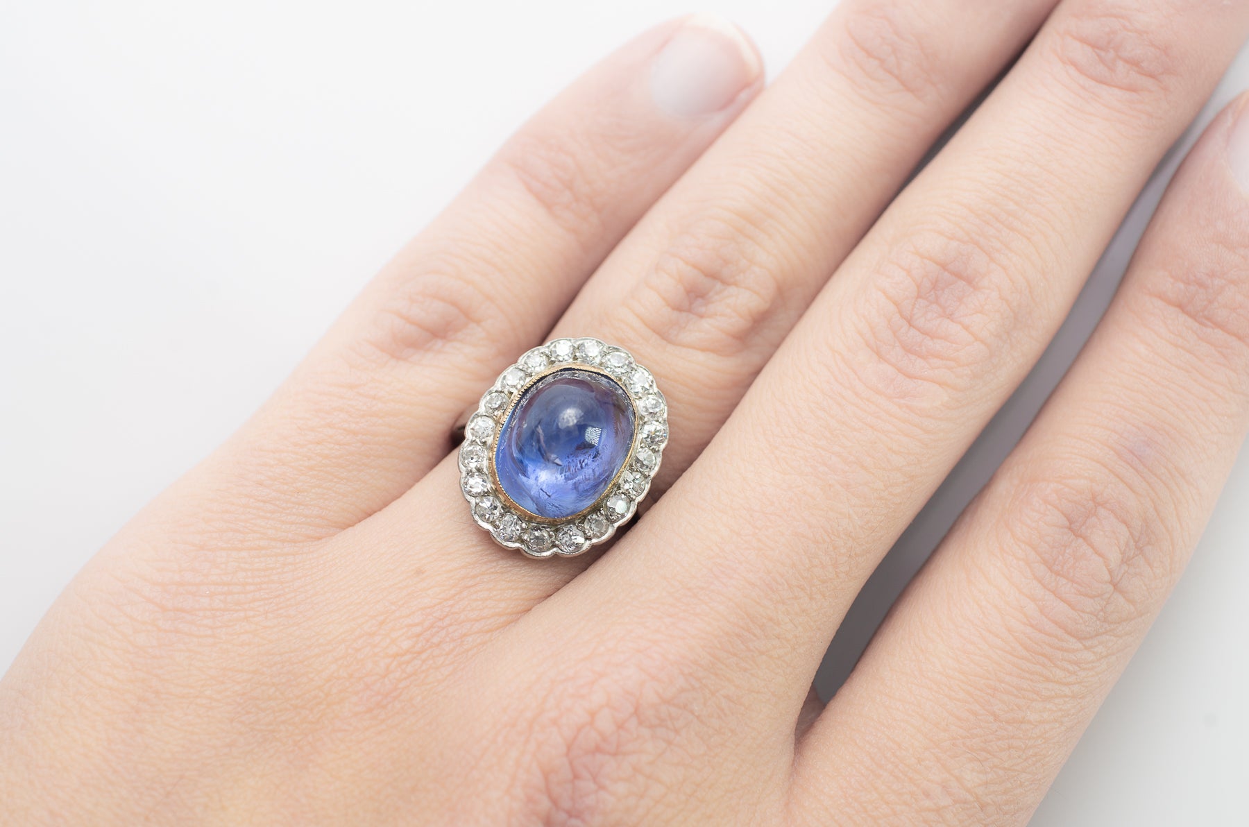 VINTAGE CABOCHON LIGH BLUE LAVENDER SAPPHIRE RING WITH DIAMOND HALO - SinCityFinds Jewelry