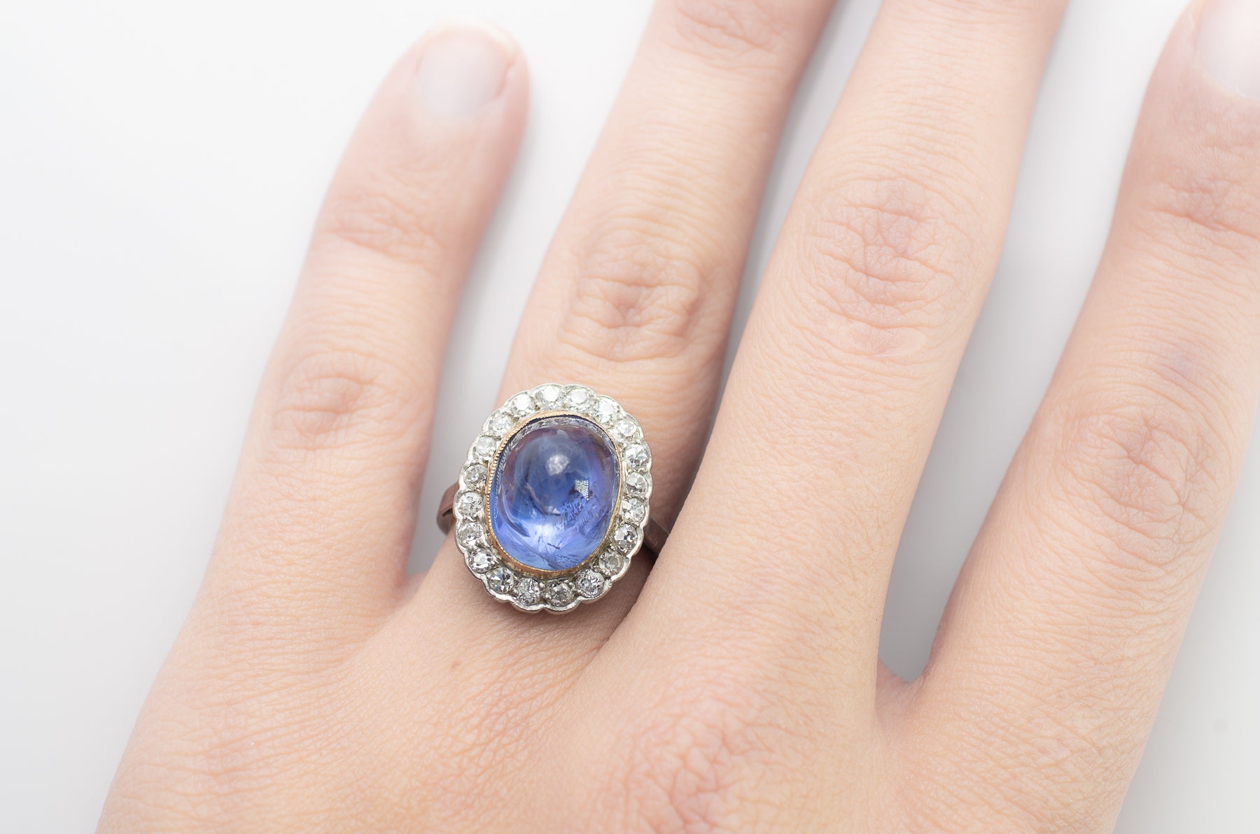 VINTAGE CABOCHON LIGH BLUE LAVENDER SAPPHIRE RING WITH DIAMOND HALO - SinCityFinds Jewelry