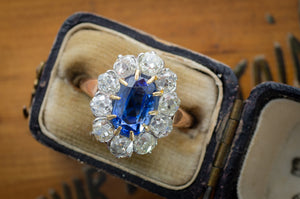 EDWARDIAN CEYLON SAPPHIRE AND MINE CUT DIAMOND RING - SinCityFinds Jewelry