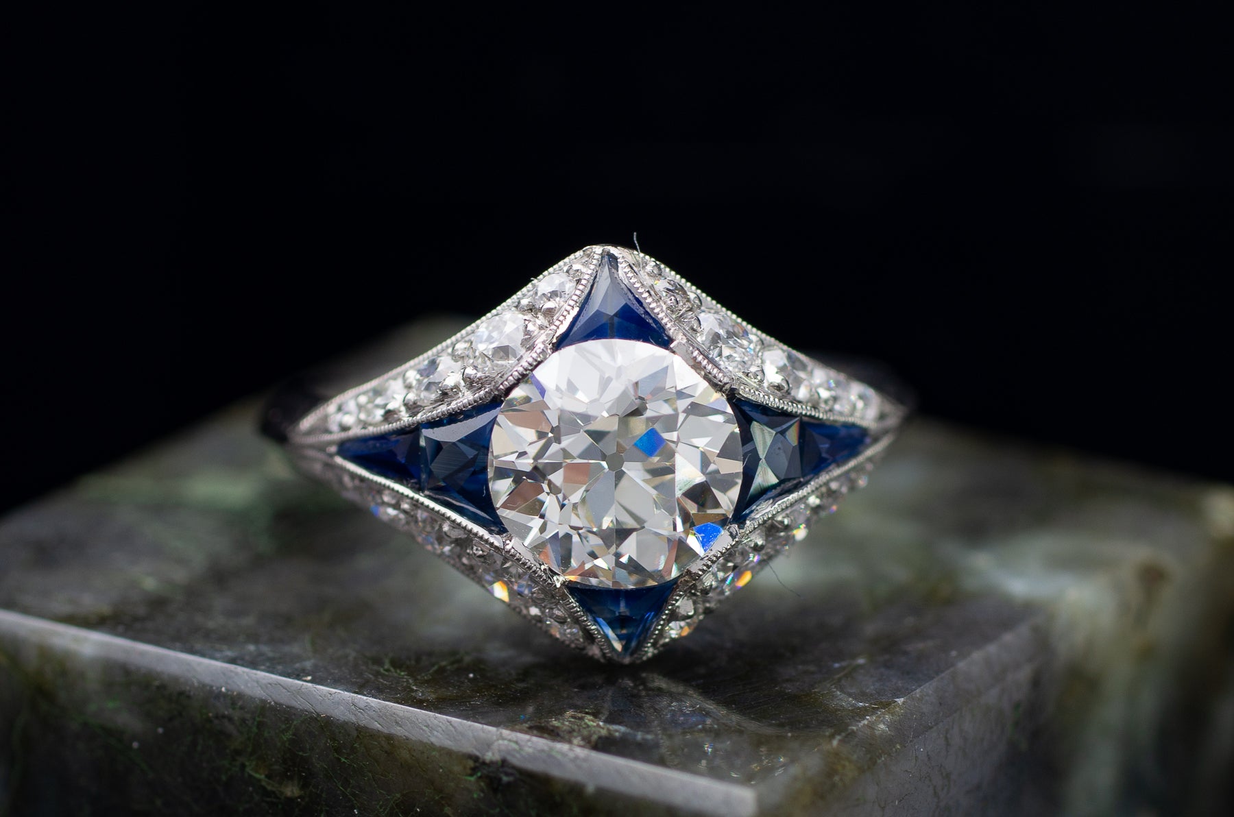 DECO INSPIRED SAPPHIRE RING WITH 1.59CT GIA K VVS2 OEC CENTER - SinCityFinds Jewelry