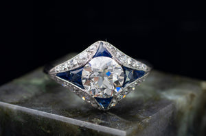 DECO INSPIRED SAPPHIRE RING WITH 1.59CT GIA K VVS2 OEC CENTER - SinCityFinds Jewelry