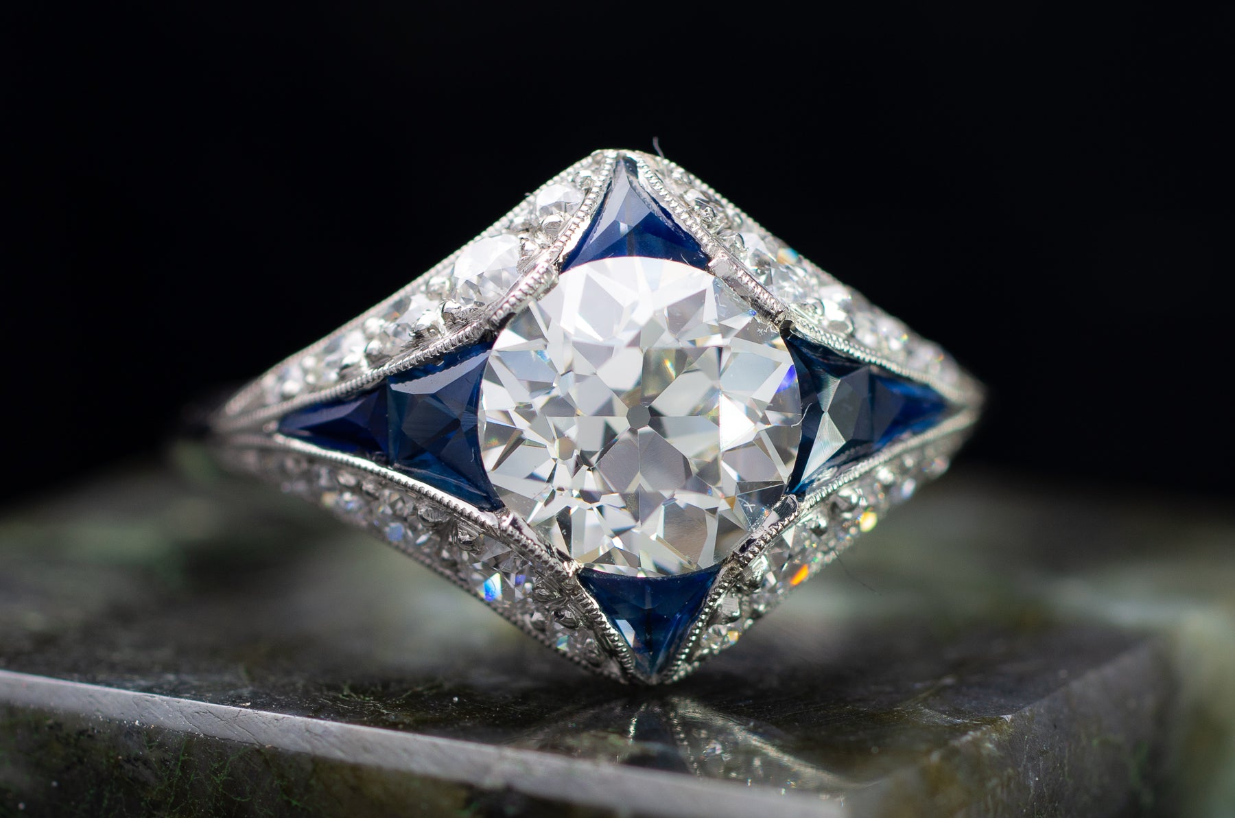 DECO INSPIRED SAPPHIRE RING WITH 1.59CT GIA K VVS2 OEC CENTER - SinCityFinds Jewelry