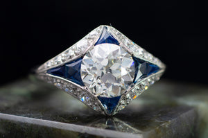 DECO INSPIRED SAPPHIRE RING WITH 1.59CT GIA K VVS2 OEC CENTER - SinCityFinds Jewelry