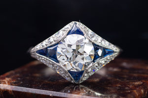 DECO INSPIRED SAPPHIRE RING WITH 1.59CT GIA K VVS2 OEC CENTER - SinCityFinds Jewelry