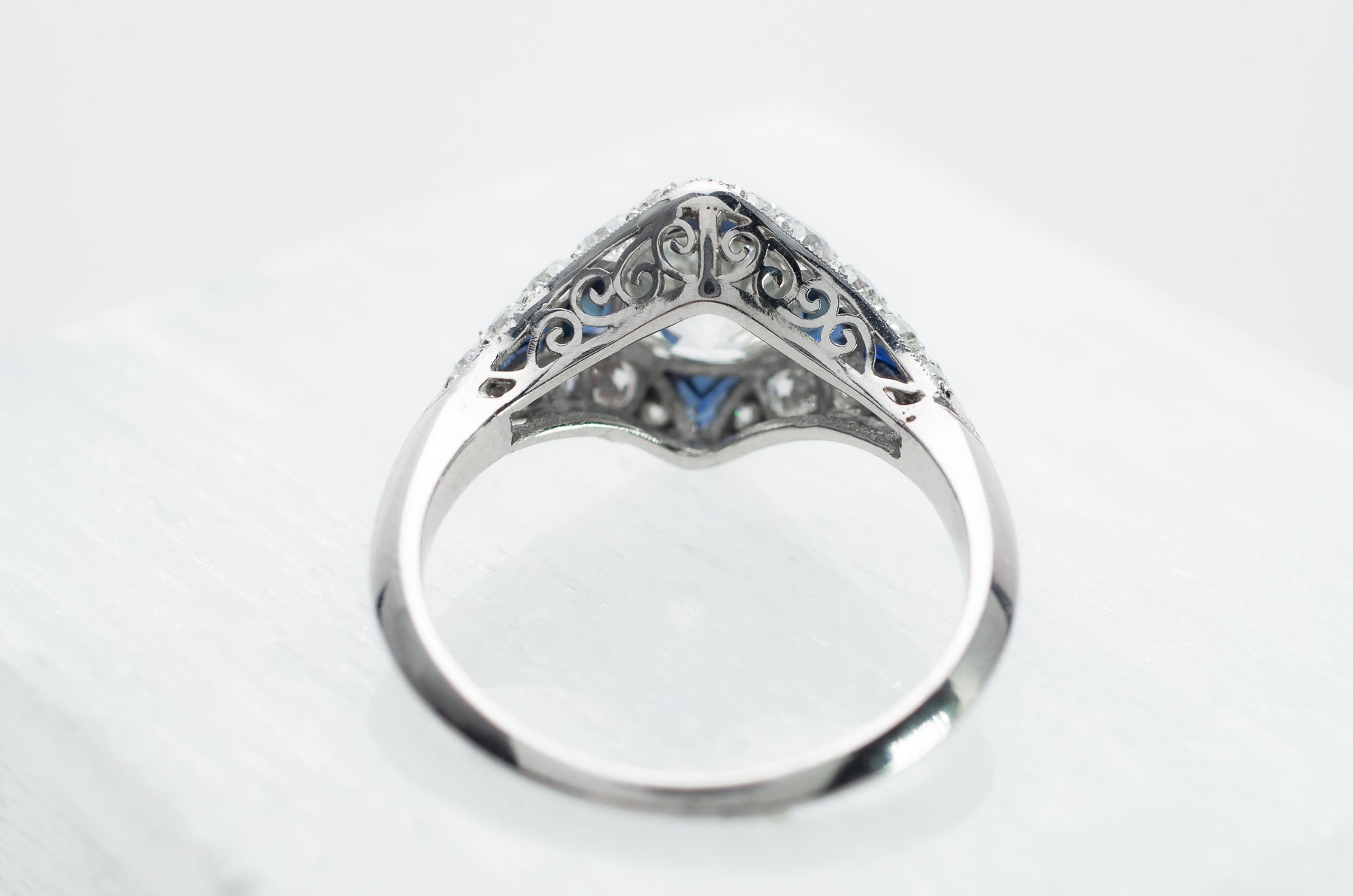 DECO INSPIRED SAPPHIRE RING WITH 1.59CT GIA K VVS2 OEC CENTER - SinCityFinds Jewelry