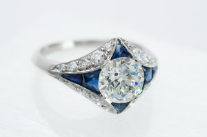 DECO INSPIRED SAPPHIRE RING WITH 1.59CT GIA K VVS2 OEC CENTER - SinCityFinds Jewelry