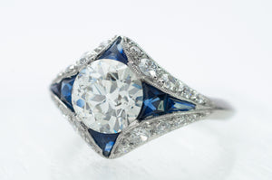 DECO INSPIRED SAPPHIRE RING WITH 1.59CT GIA K VVS2 OEC CENTER - SinCityFinds Jewelry