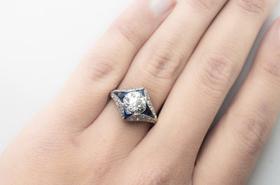 DECO INSPIRED SAPPHIRE RING WITH 1.59CT GIA K VVS2 OEC CENTER - SinCityFinds Jewelry