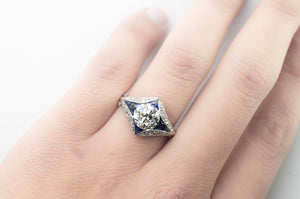 DECO INSPIRED SAPPHIRE RING WITH 1.59CT GIA K VVS2 OEC CENTER - SinCityFinds Jewelry