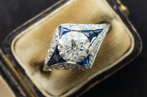 DECO INSPIRED SAPPHIRE RING WITH 1.59CT GIA K VVS2 OEC CENTER - SinCityFinds Jewelry