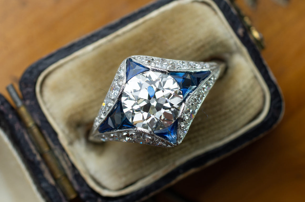 DECO INSPIRED SAPPHIRE RING WITH 1.59CT GIA K VVS2 OEC CENTER - SinCityFinds Jewelry