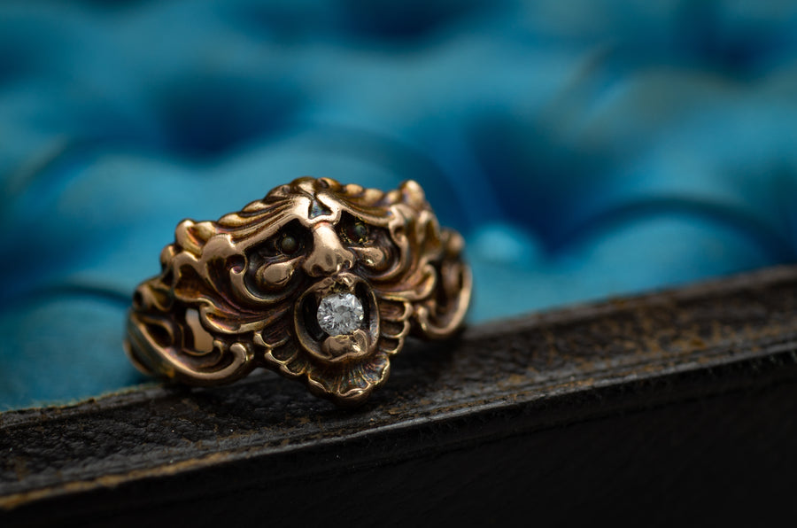 ART NOUVEAU GOLD GREEN MAN RING - SinCityFinds Jewelry