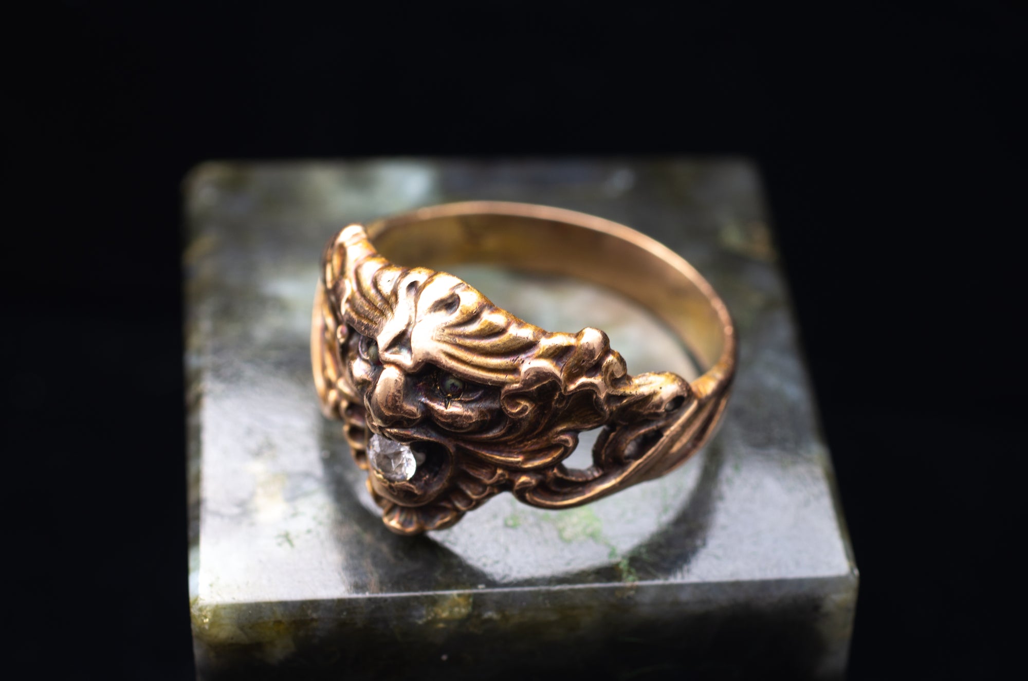 ART NOUVEAU GOLD GREEN MAN RING - SinCityFinds Jewelry