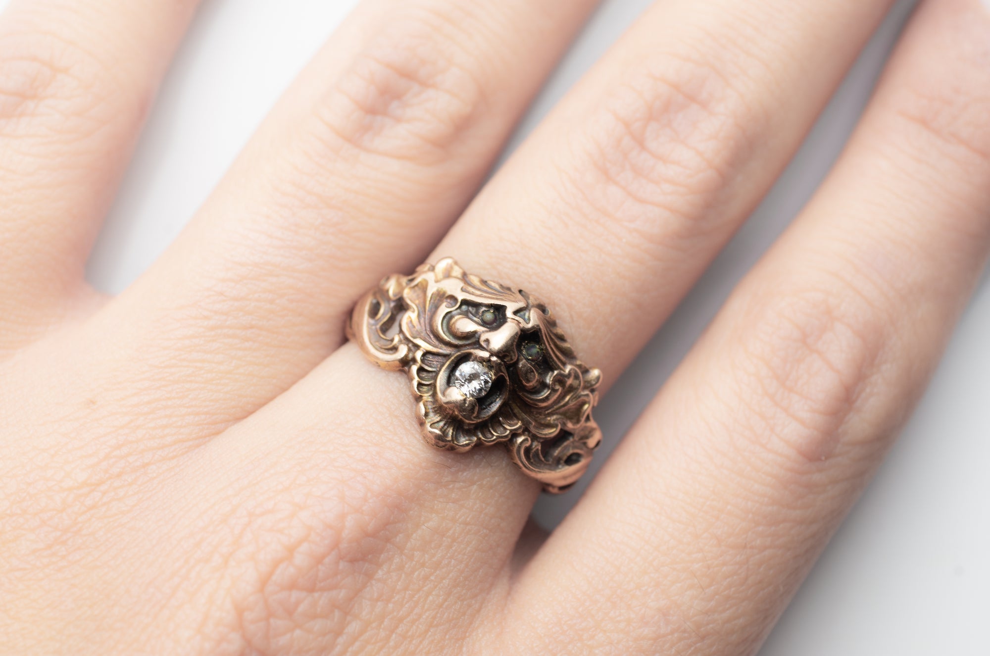 ART NOUVEAU GOLD GREEN MAN RING - SinCityFinds Jewelry