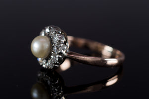 ANTIQUE PEARL AND MINE CUT DIAMOND HALO RING - SinCityFinds Jewelry