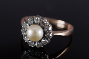 ANTIQUE PEARL AND MINE CUT DIAMOND HALO RING - SinCityFinds Jewelry