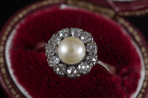 ANTIQUE PEARL AND MINE CUT DIAMOND HALO RING - SinCityFinds Jewelry