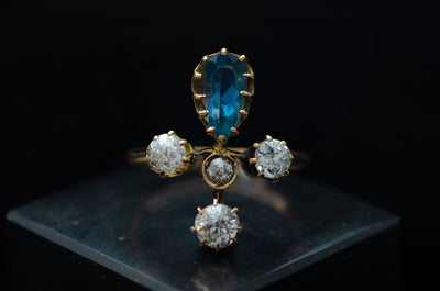 1.95CTW OLD EUROPEAN CUT DIAMOND AND AQUAMARINE TIARA RING - SinCityFinds Jewelry