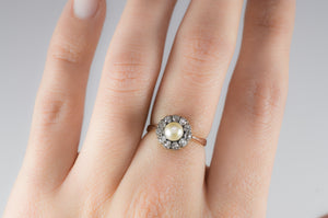 ANTIQUE PEARL AND MINE CUT DIAMOND HALO RING - SinCityFinds Jewelry