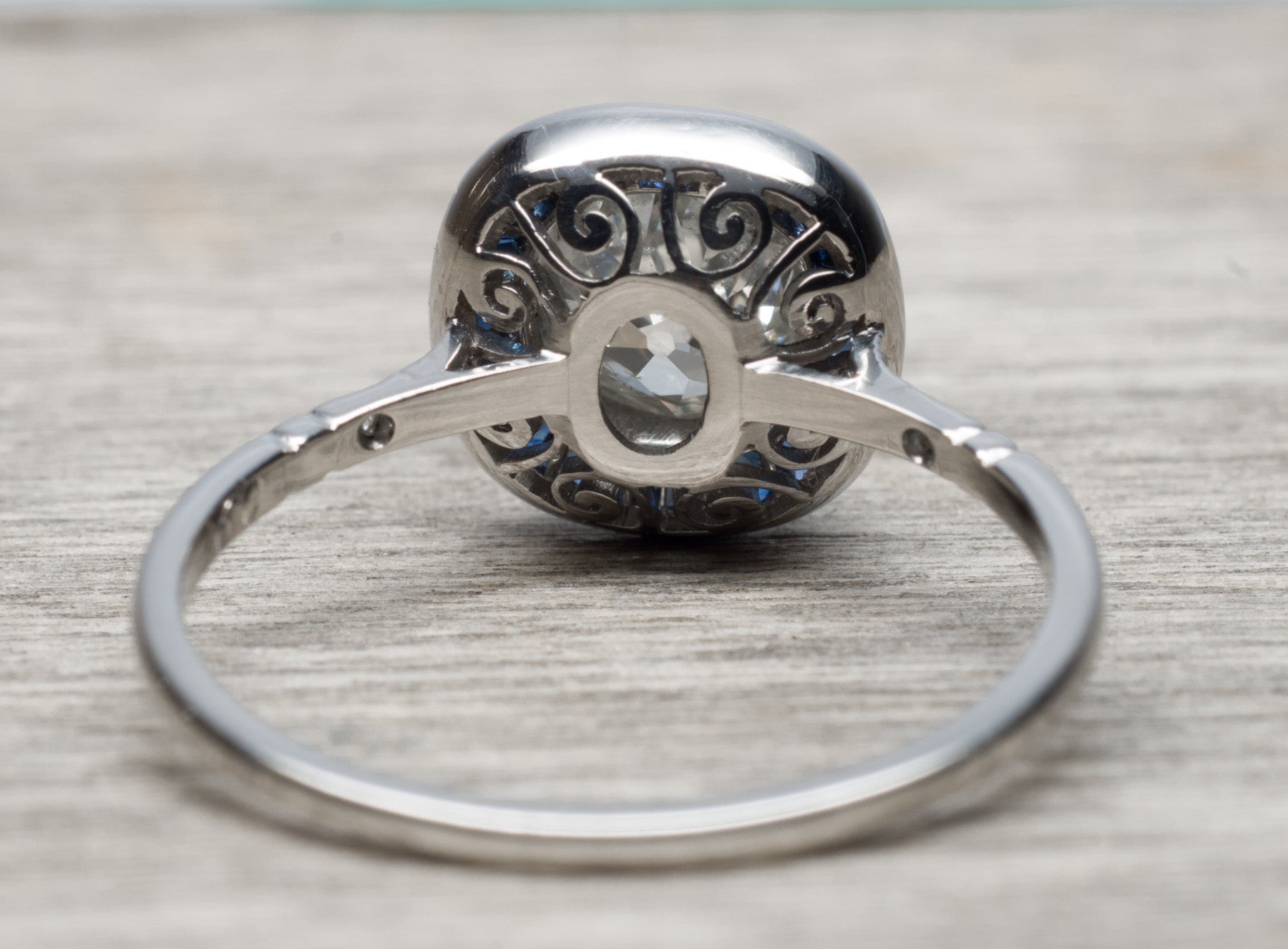 OLD MINE CUSHION CUT DIAMOND AND SAPPHIRE TARGET RING - SinCityFinds Jewelry