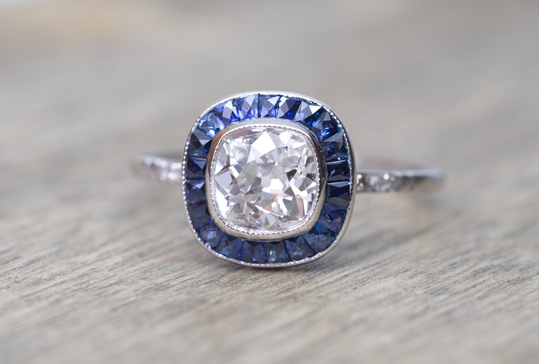 OLD MINE CUSHION CUT DIAMOND AND SAPPHIRE TARGET RING - SinCityFinds Jewelry