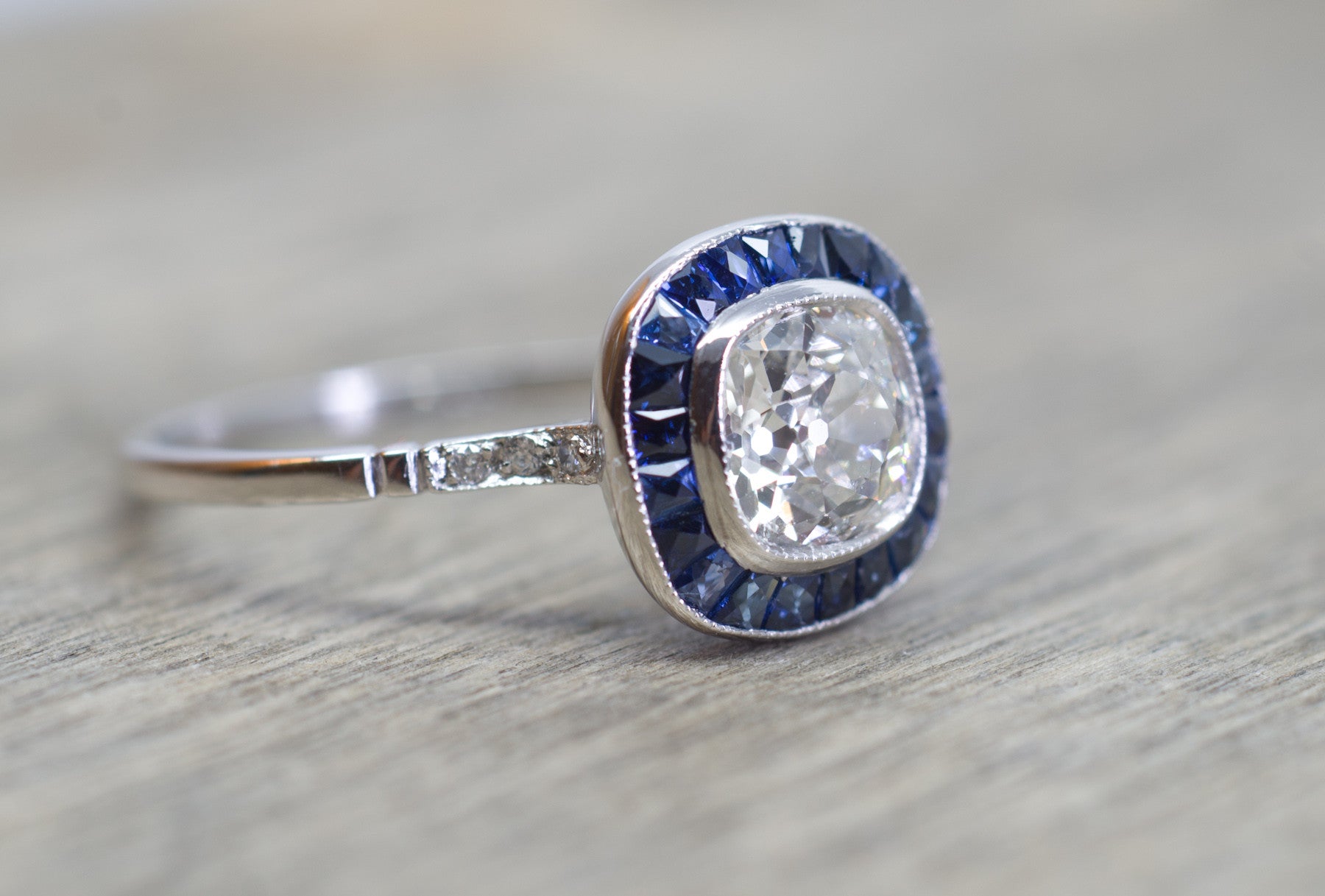 OLD MINE CUSHION CUT DIAMOND AND SAPPHIRE TARGET RING - SinCityFinds Jewelry