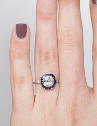 OLD MINE CUSHION CUT DIAMOND AND SAPPHIRE TARGET RING - SinCityFinds Jewelry